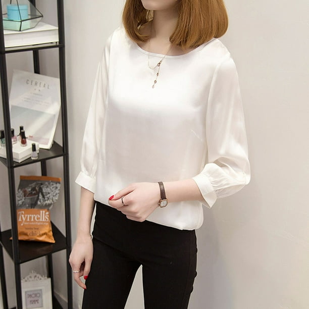 L, White Lady O Neck Shirts Three Quarter Sleeve Casual Tops 2019 Women Brief Office Work Wear 